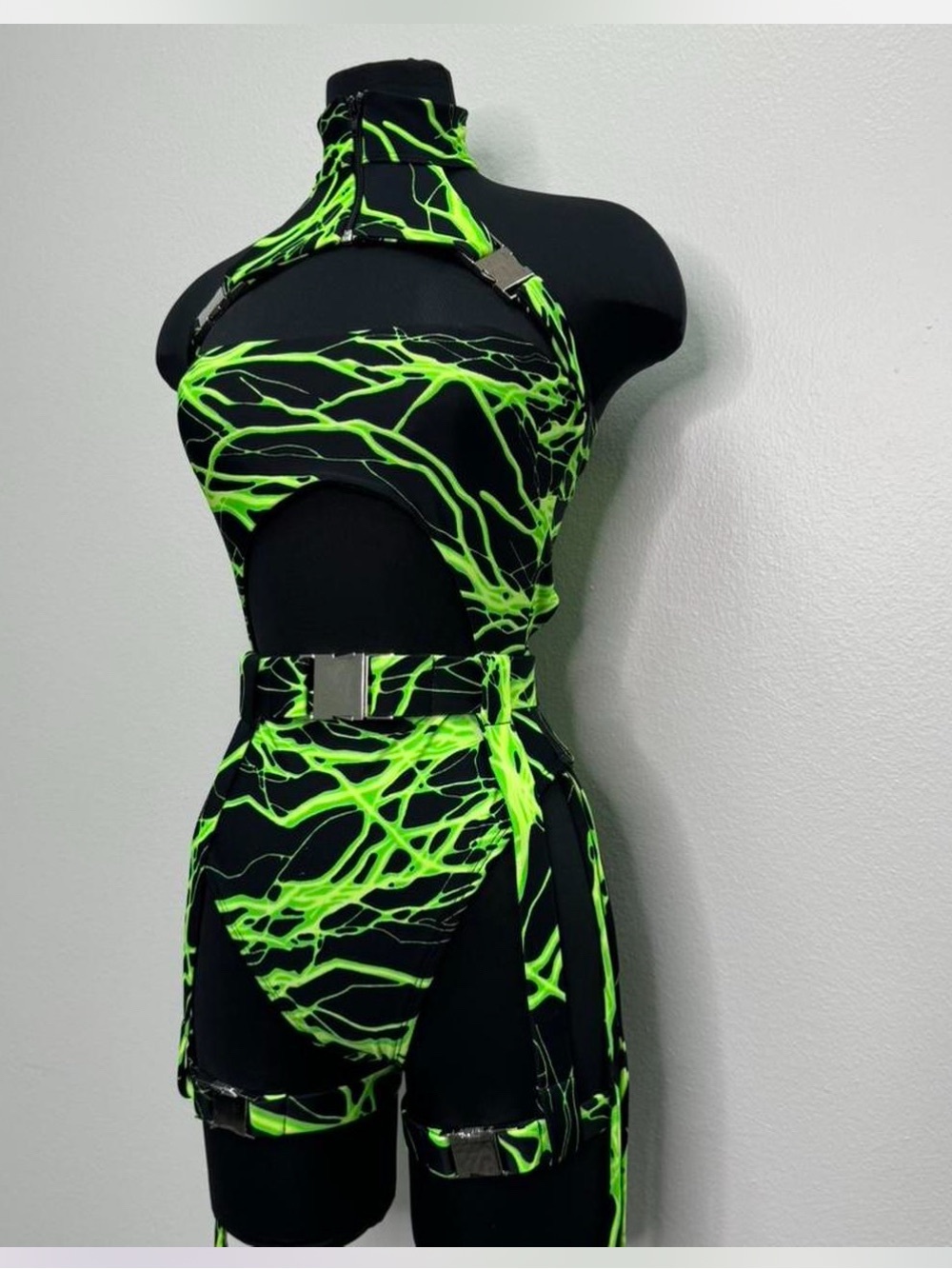 Neon Green Lightning Cutout Harness Bodysuit